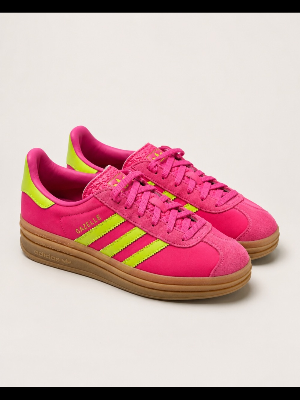 adidas Gazelle Bright Pink with Neon Yellow Accents and Gum Sole